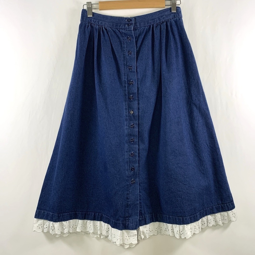 VTG Prairie Button Front Eyelet Lace Trim Denim Maxi Skirt Sz S Cottage Western